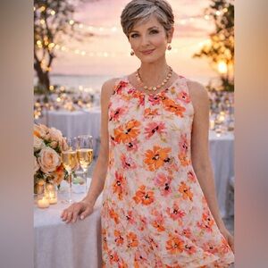 LOFT Vibrant Floral Sleeveless Swing Dress in Pink and Orange Size 10